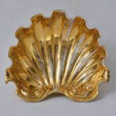 Antique Ferniani Faenza giant shell majolica bowl, gold, 1800`s ca, Italian